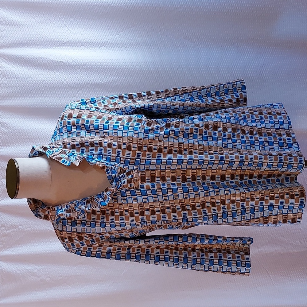 J McLaughlin Women's Top Ruffled V-neck Blue Brown Geometric Career Office XL